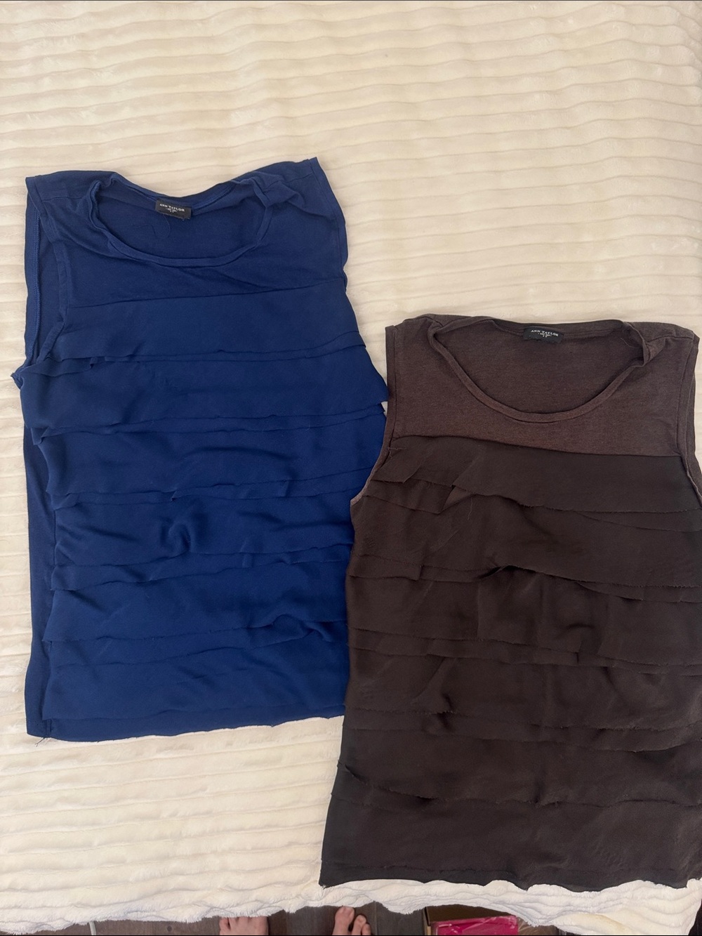 Ann Taylor Ruffle Tier Sleeveless Blouses Set of 2- Blue and Brown